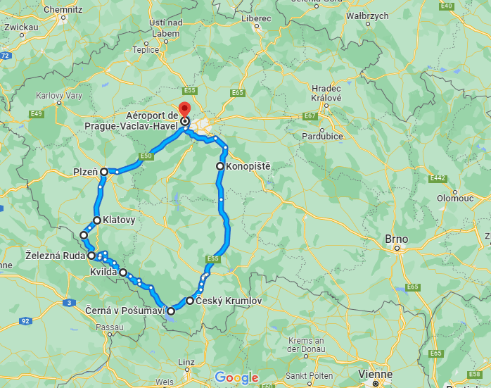 Carte de notre road trip en République Tchèque 